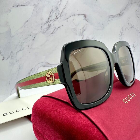 Gucci Accessories - New Gucci Sunglasses Black Square Red Green Web Arms Gold Metal GG Logo